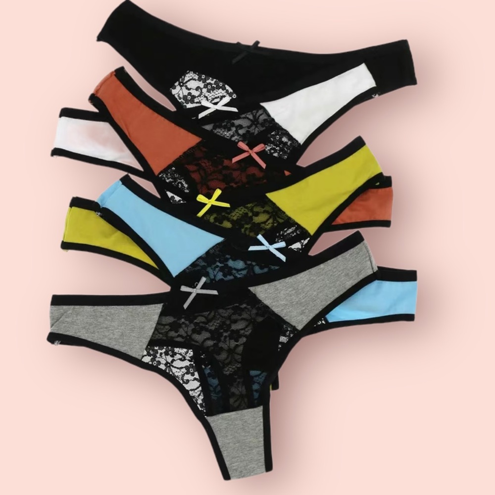 6 Pack Colorful Lace Thongs, Semi-Sheer Lace Crotch Cotton Thongs. Sexy & Soft.